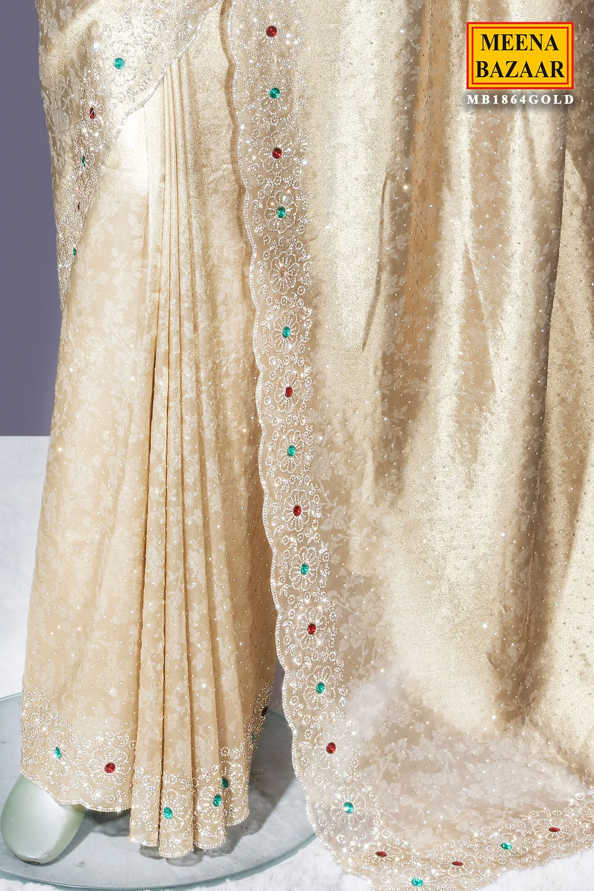 Elegant Gold Shimmer Saree with Stone Work - Image 6