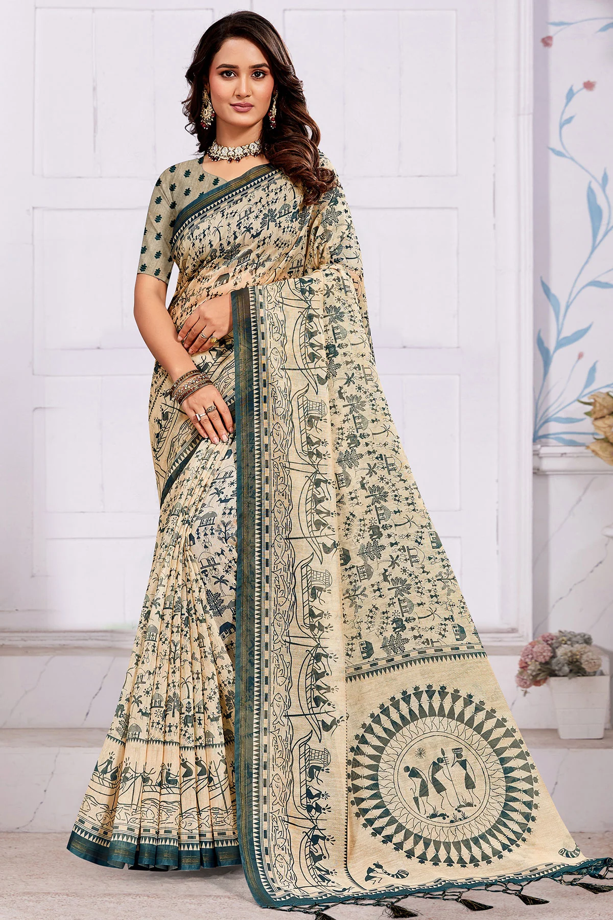Elegant Tussar Organza Saree with Artistic Green Prints