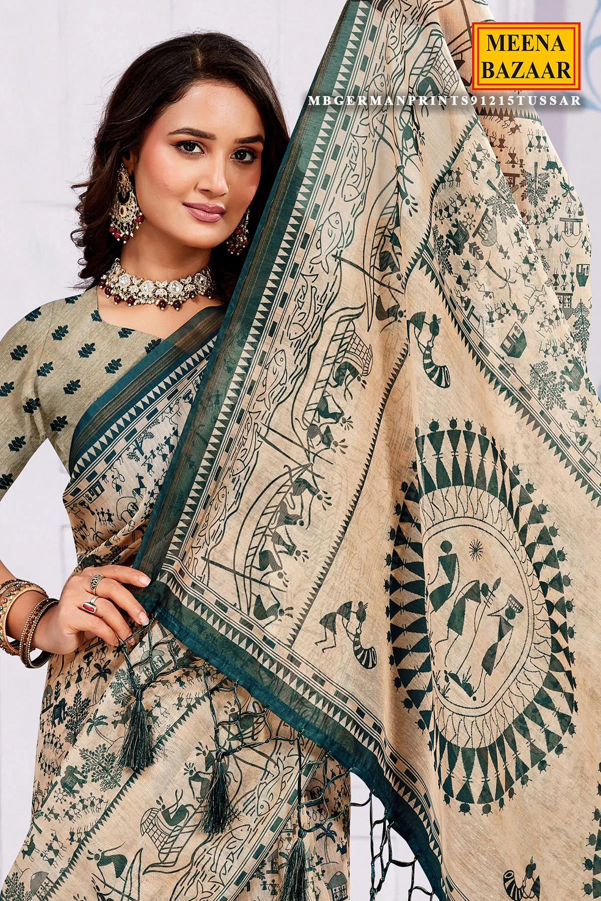 Elegant Tussar Organza Saree with Artistic Green Prints - Image 2