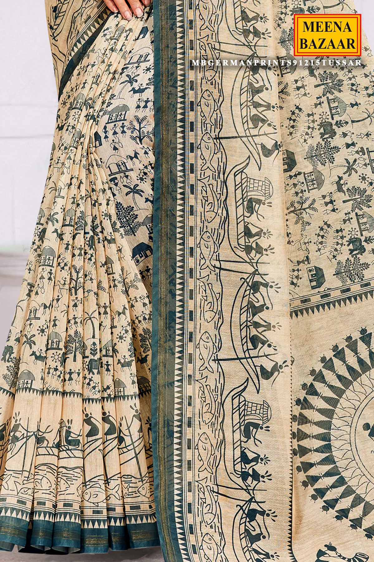 Elegant Tussar Organza Saree with Artistic Green Prints - Image 3