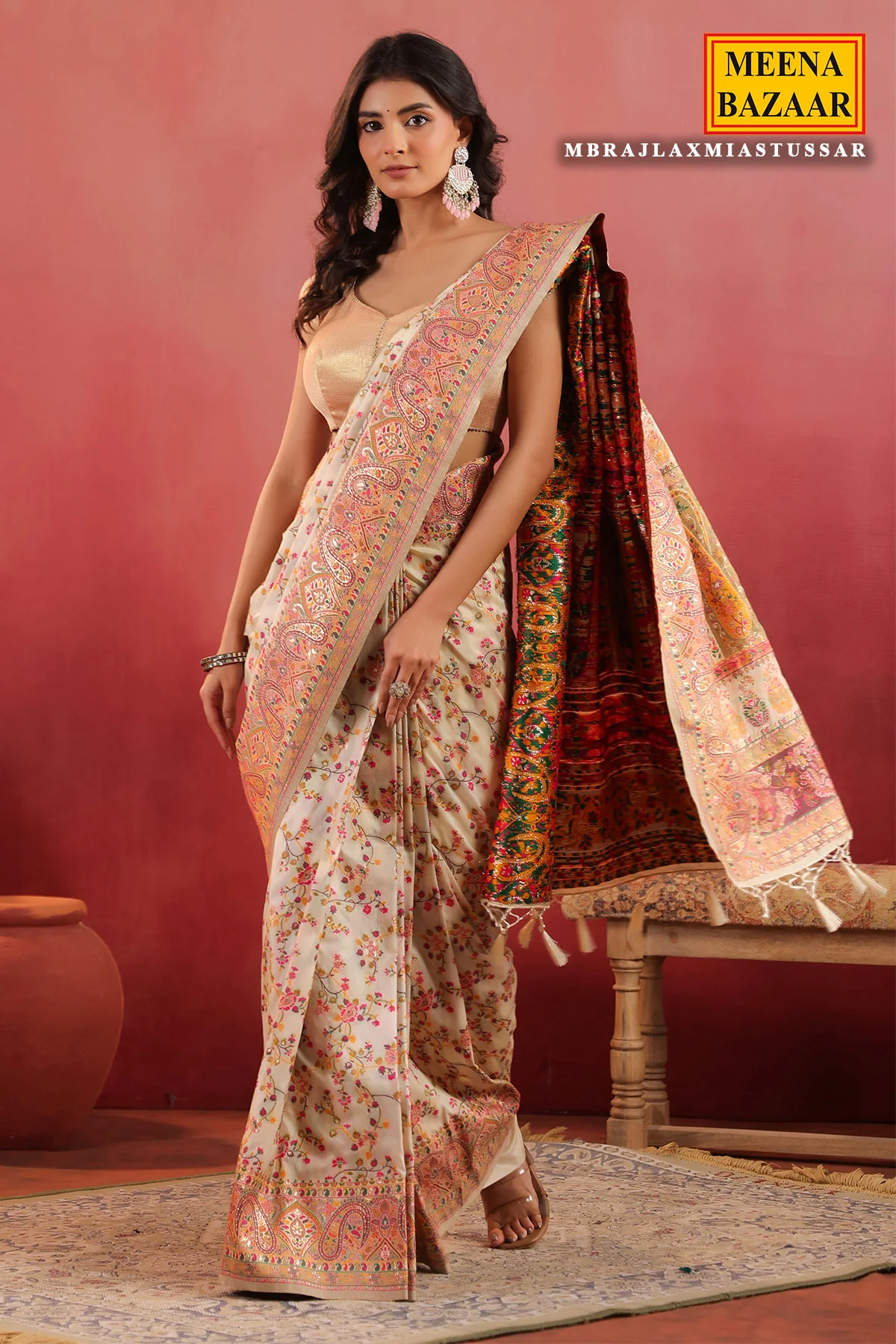 Floral Printed Tussar Silk Saree Lightweight & Festive - Image 3