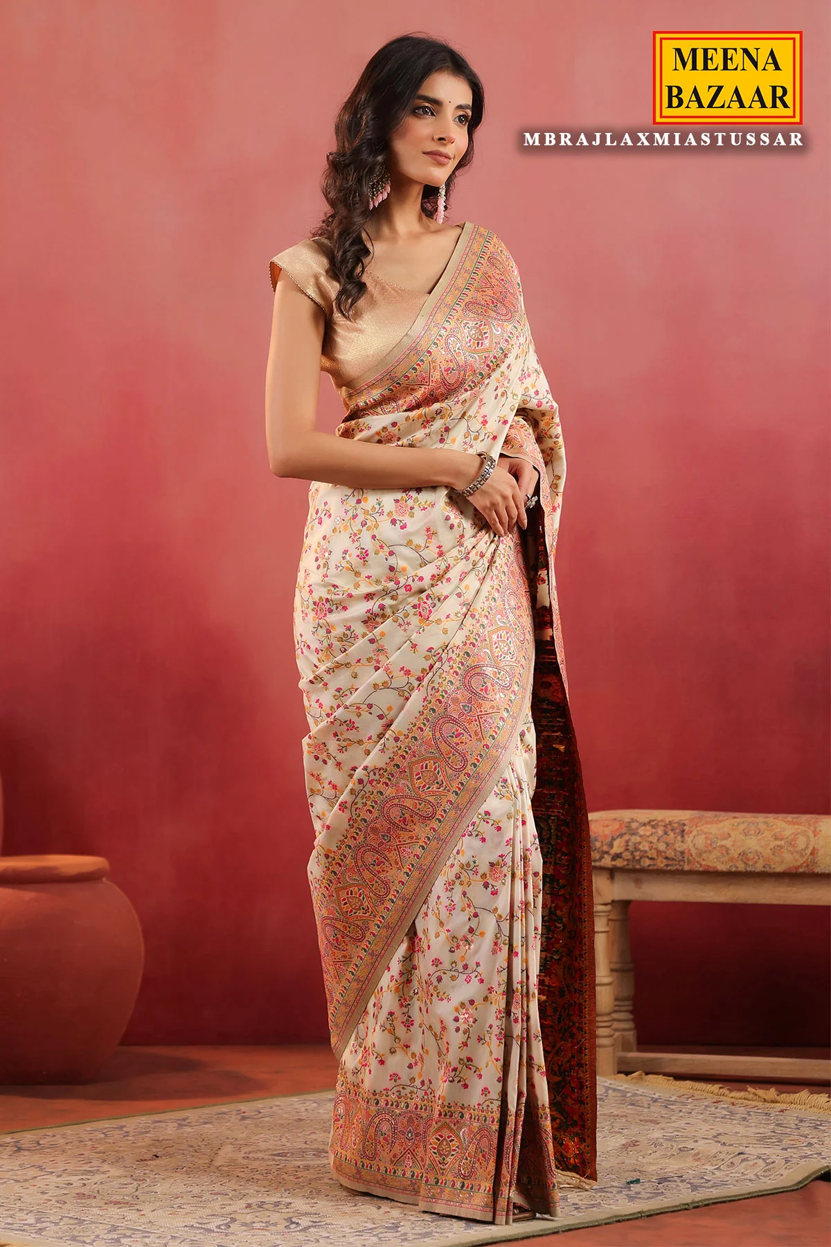 Floral Printed Tussar Silk Saree Lightweight & Festive - Image 6