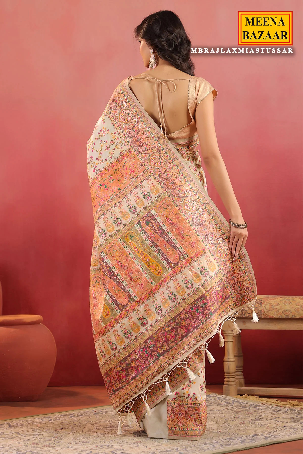 Floral Printed Tussar Silk Saree Lightweight & Festive - Image 7
