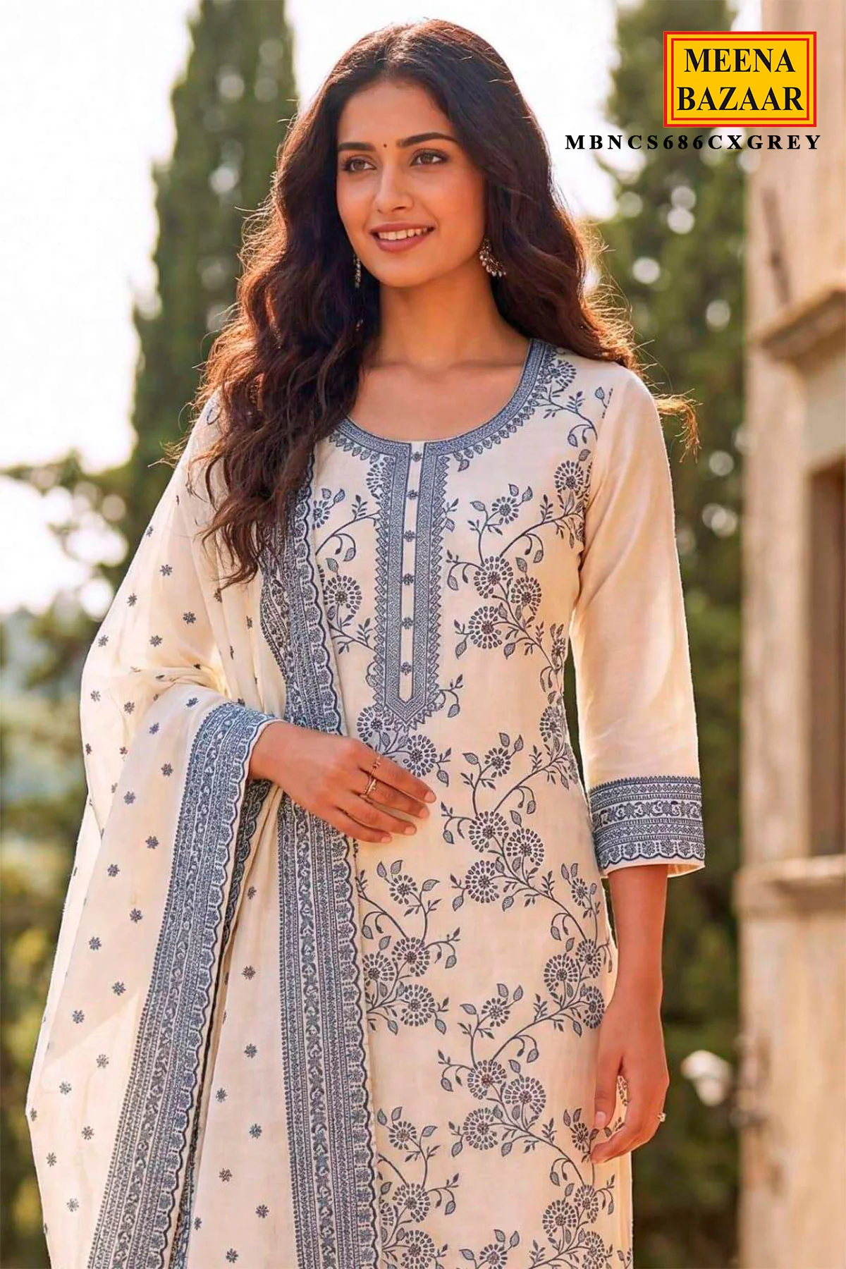 Elegant White Cotton Weaving Unstitched Suit Set with Grey Prints - Image 2