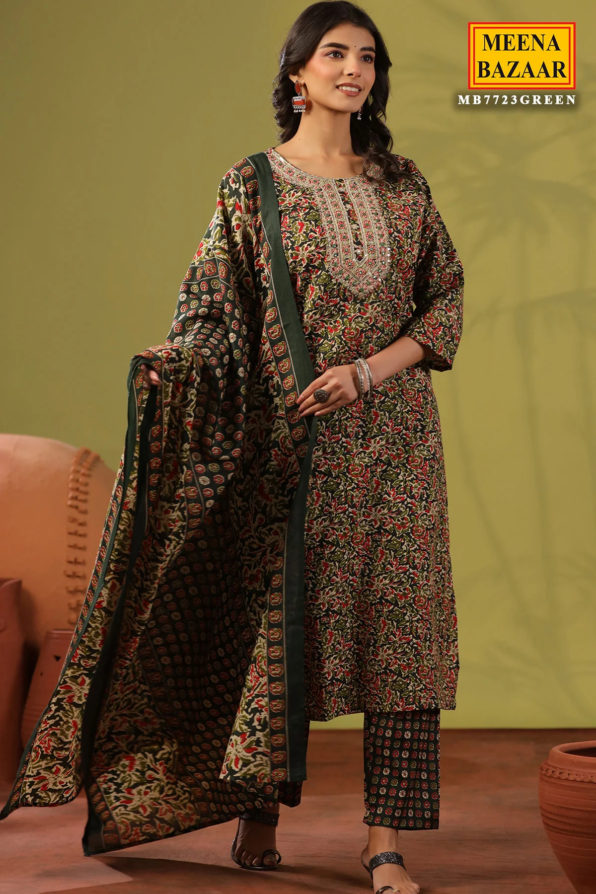 Emerald Green Cotton Ready Made Suit - Image 3