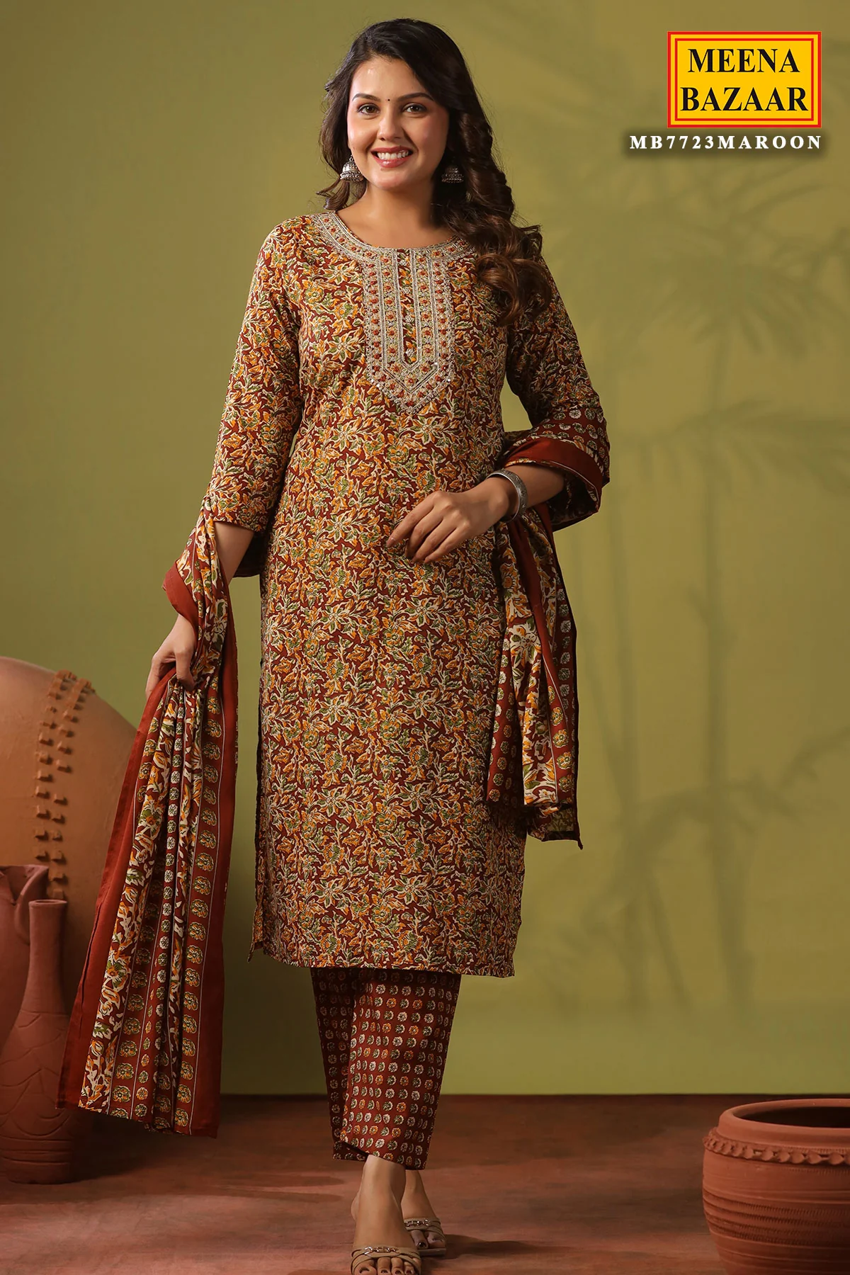 Emerald Maroon Cotton Ready Made Suit - Image 3