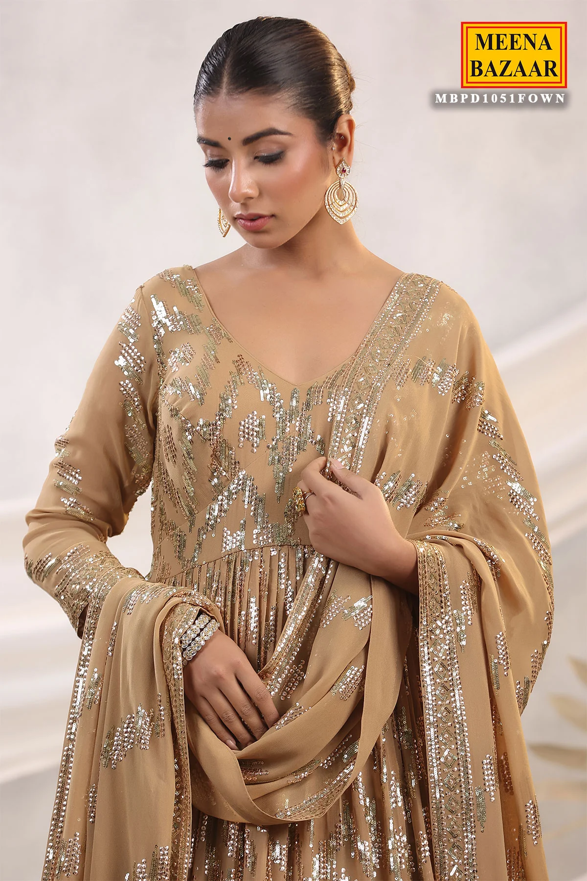 Fawn Georgette Sequins Embroidered Floor Length Anarkali Gown with Dupatta - Image 3
