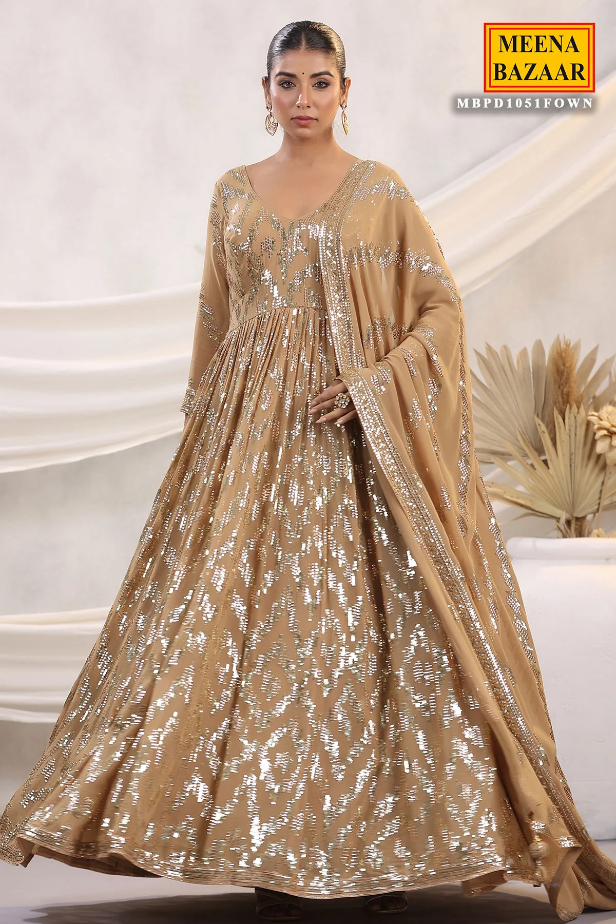 Fawn Georgette Sequins Embroidered Floor Length Anarkali Gown with Dupatta - Image 4