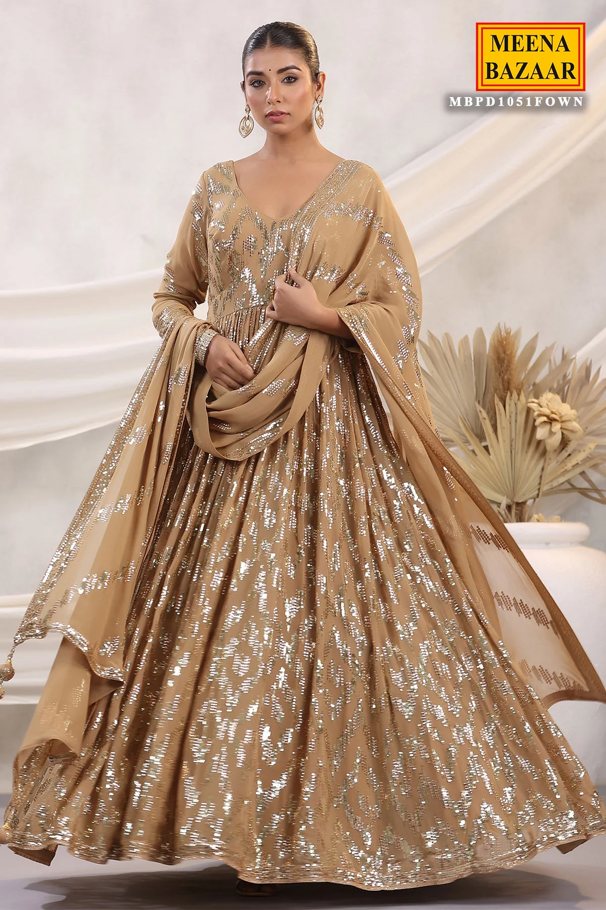 Fawn Georgette Sequins Embroidered Floor Length Anarkali Gown with Dupatta - Image 5