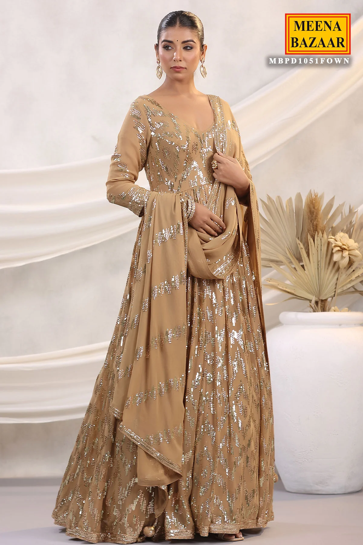 Fawn Georgette Sequins Embroidered Floor Length Anarkali Gown with Dupatta - Image 6