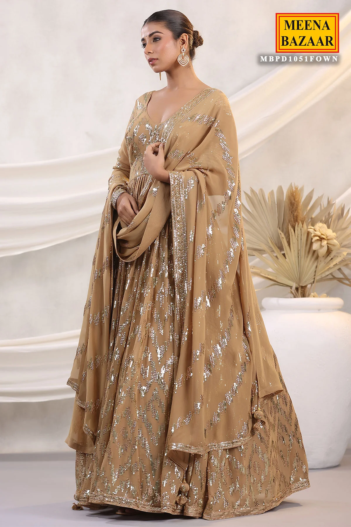 Fawn Georgette Sequins Embroidered Floor Length Anarkali Gown with Dupatta - Image 7