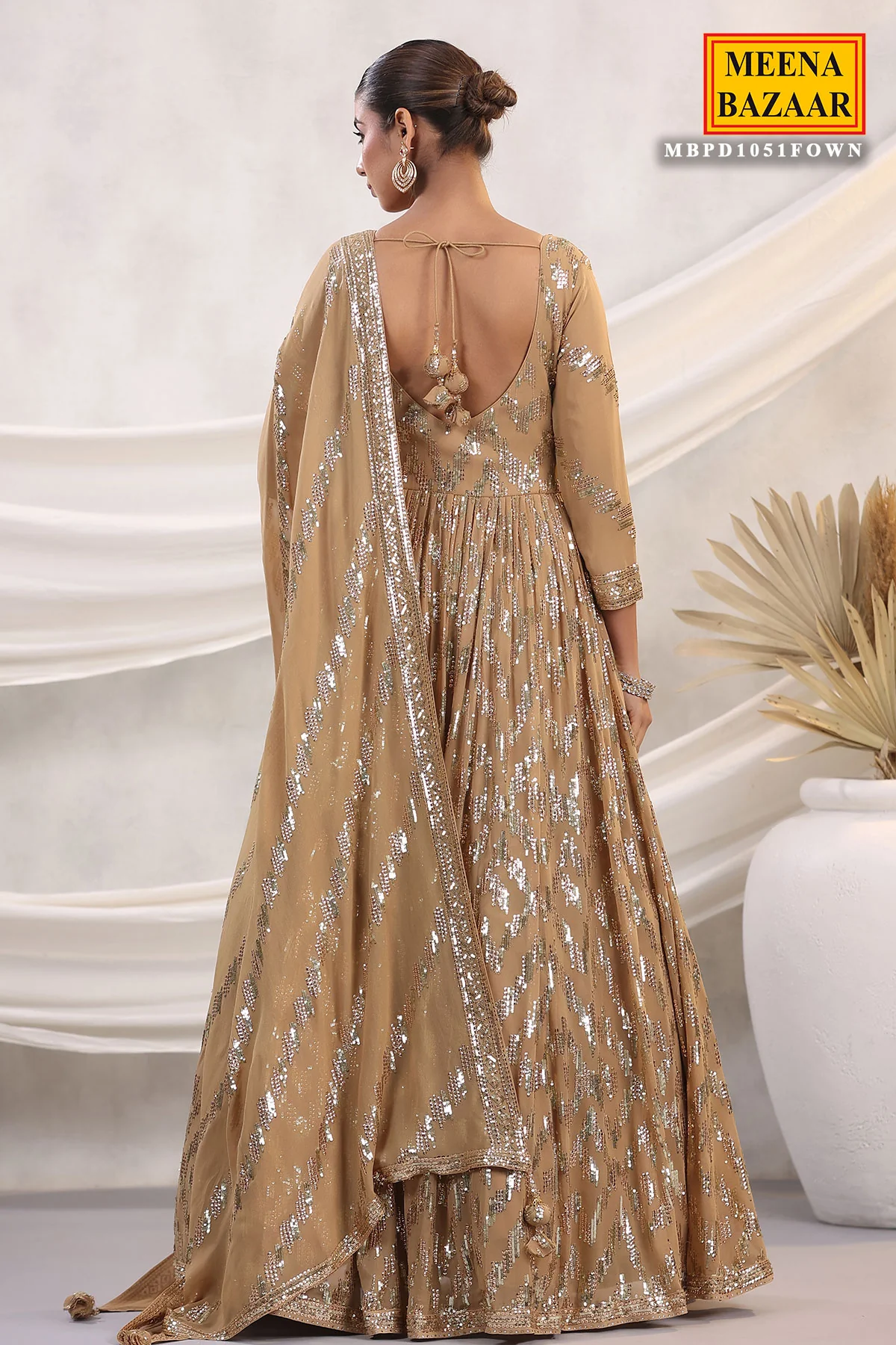 Fawn Georgette Sequins Embroidered Floor Length Anarkali Gown with Dupatta - Image 8
