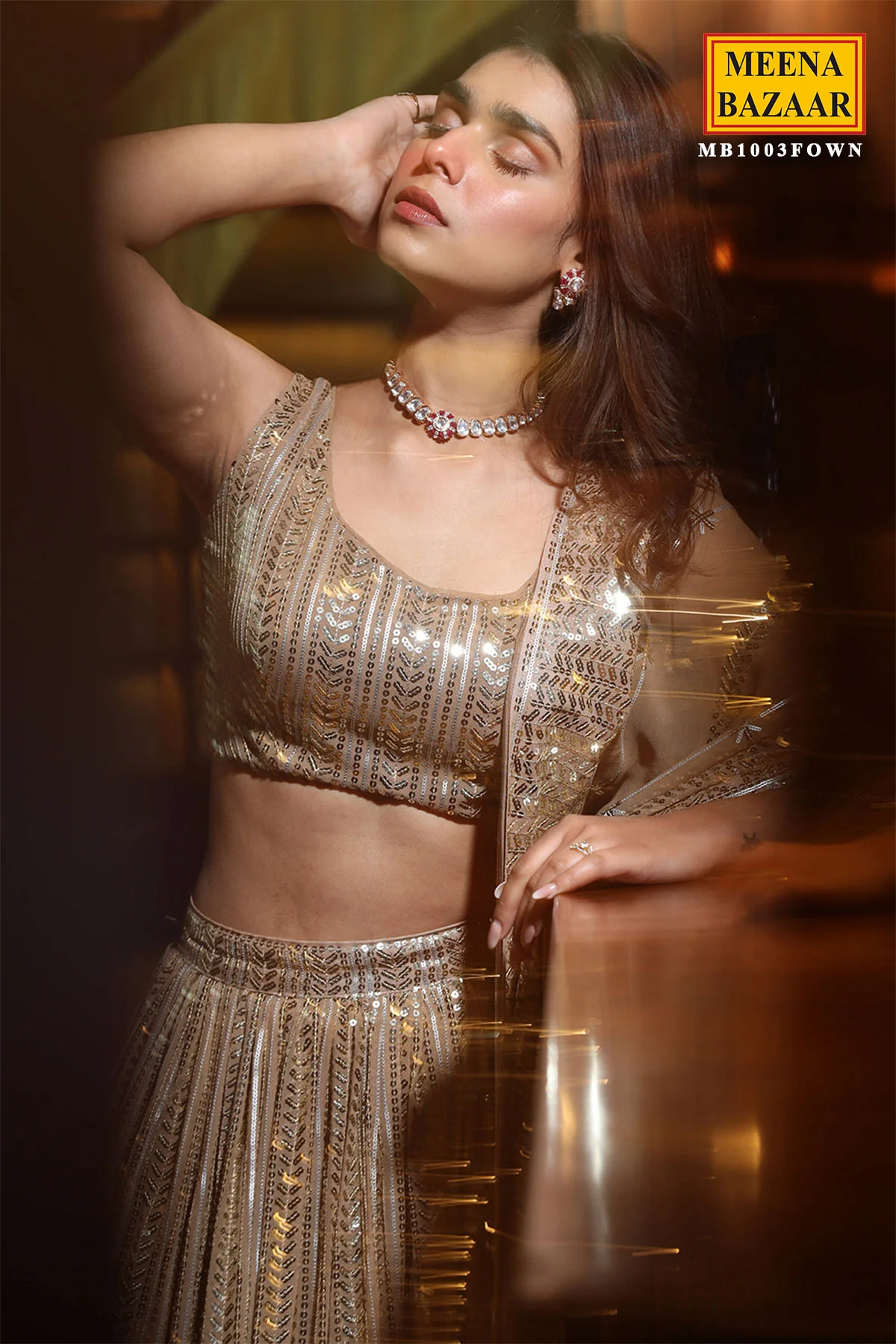 Fawn Georgette Sequins Embroidered Lehenga - Image 3