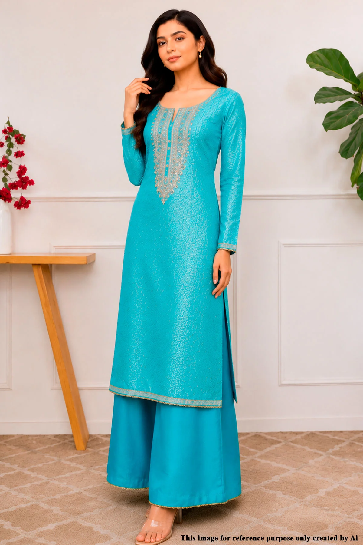 Firozi Brocade Unstitched Suit with Neck Embroidery - Image 2