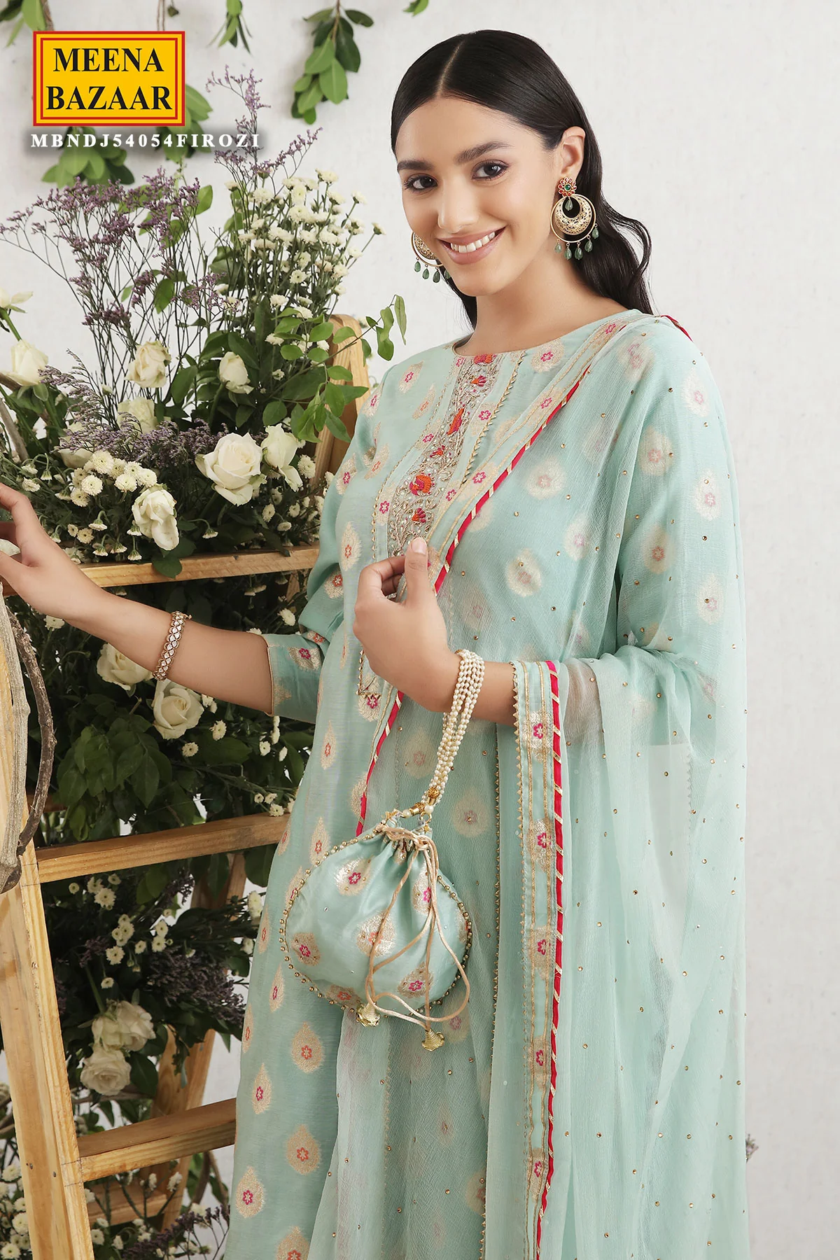 Firozi Chanderi Embroidered Suit Set - Image 2