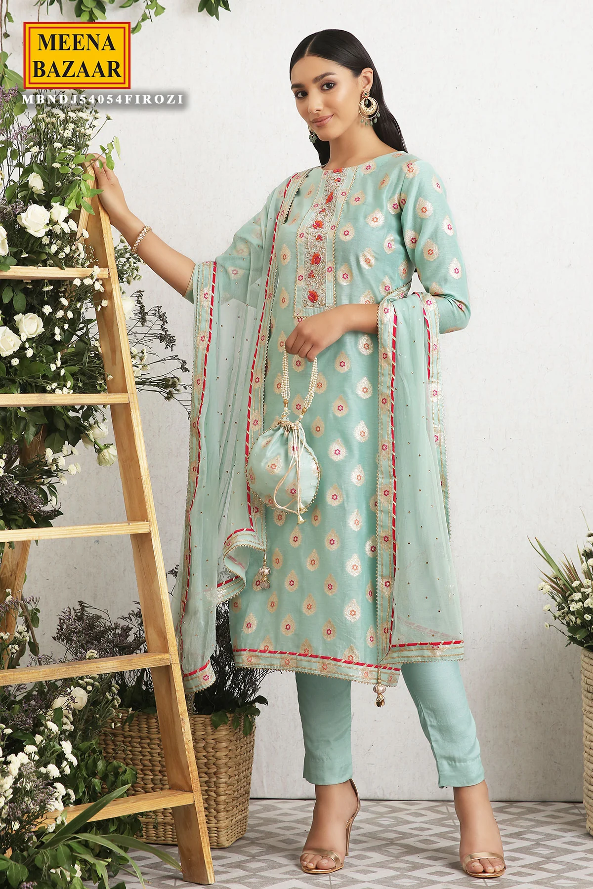 Firozi Chanderi Embroidered Suit Set - Image 3