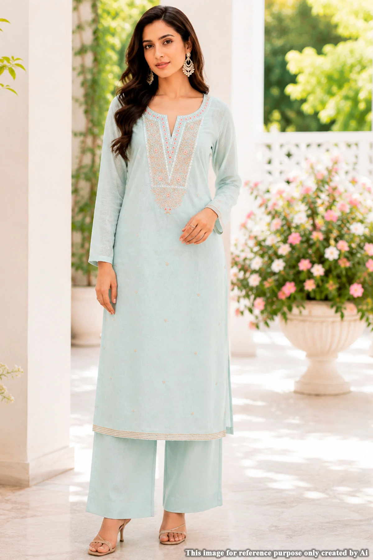 Firozi Chanderi Suit Piece with Neck Embroidery - Image 2
