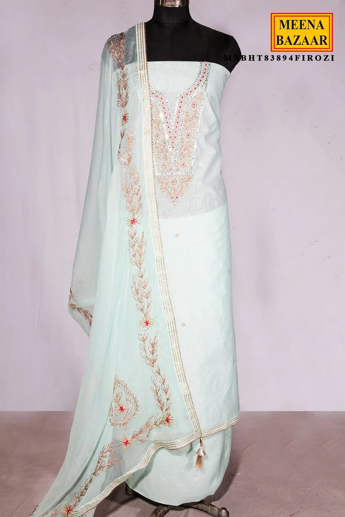 Firozi Chanderi Suit Piece with Neck Embroidery - Image 3