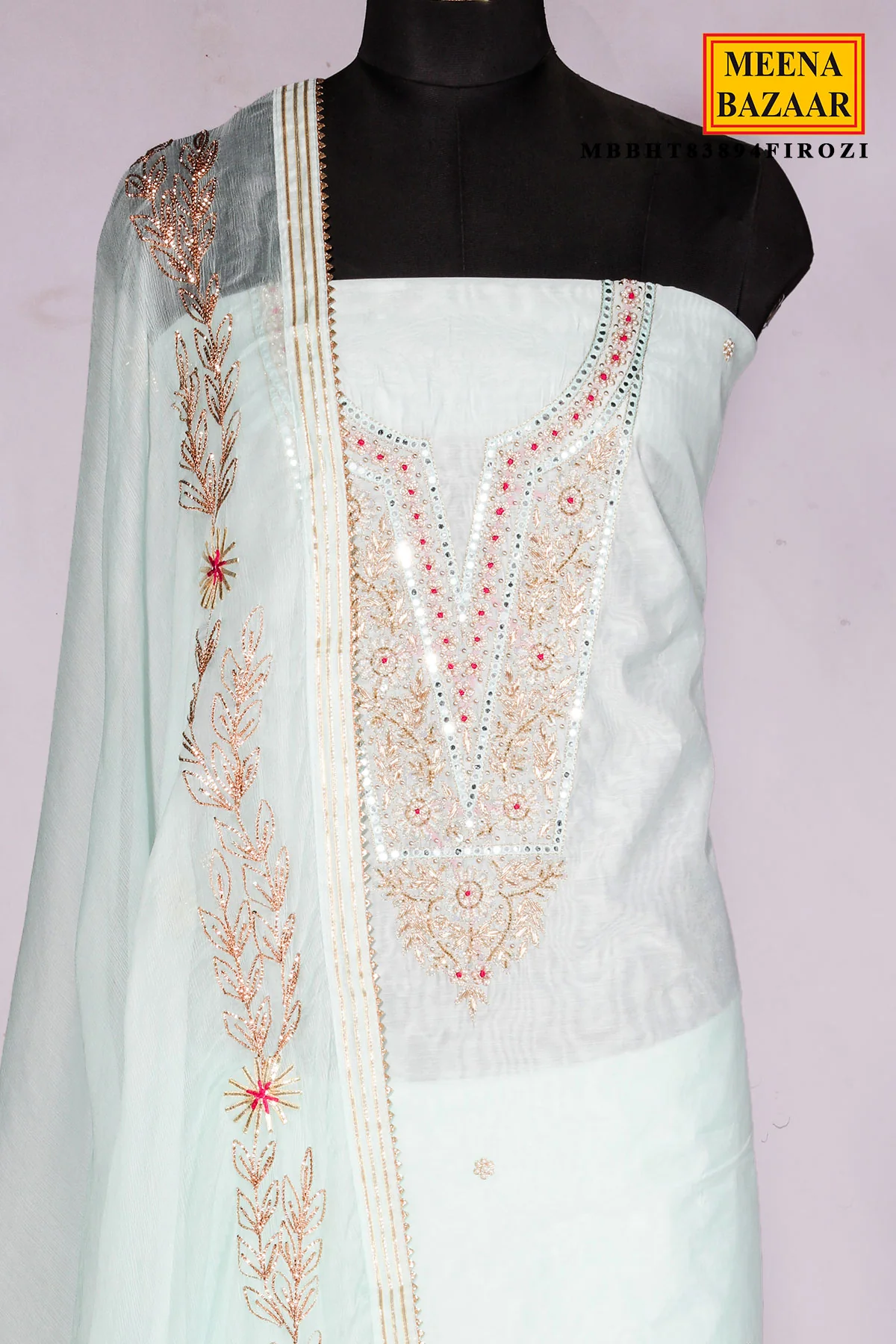 Firozi Chanderi Suit Piece with Neck Embroidery - Image 4