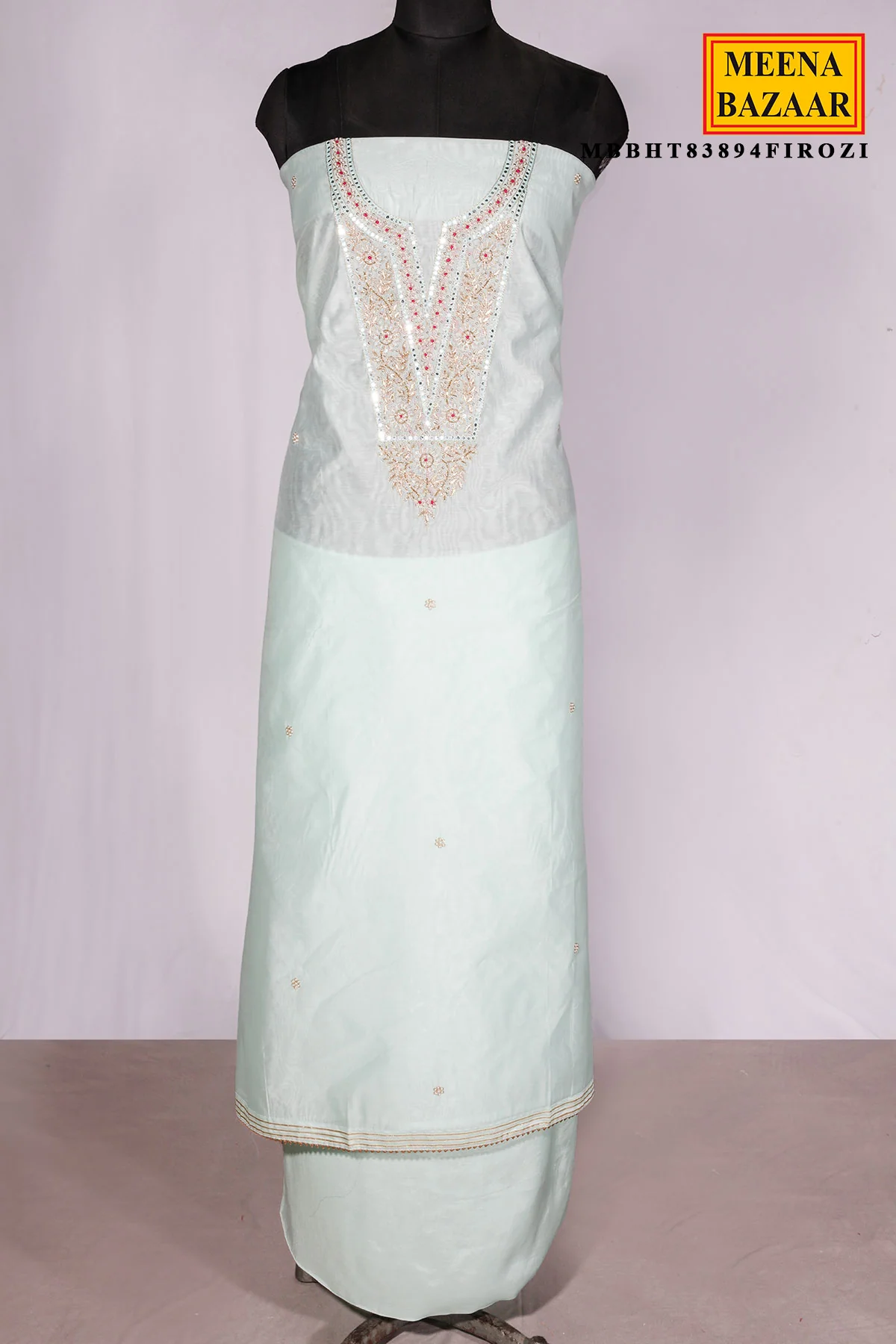 Firozi Chanderi Suit Piece with Neck Embroidery - Image 5