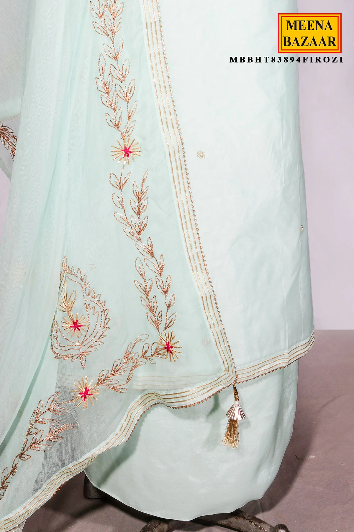 Firozi Chanderi Suit Piece with Neck Embroidery - Image 6