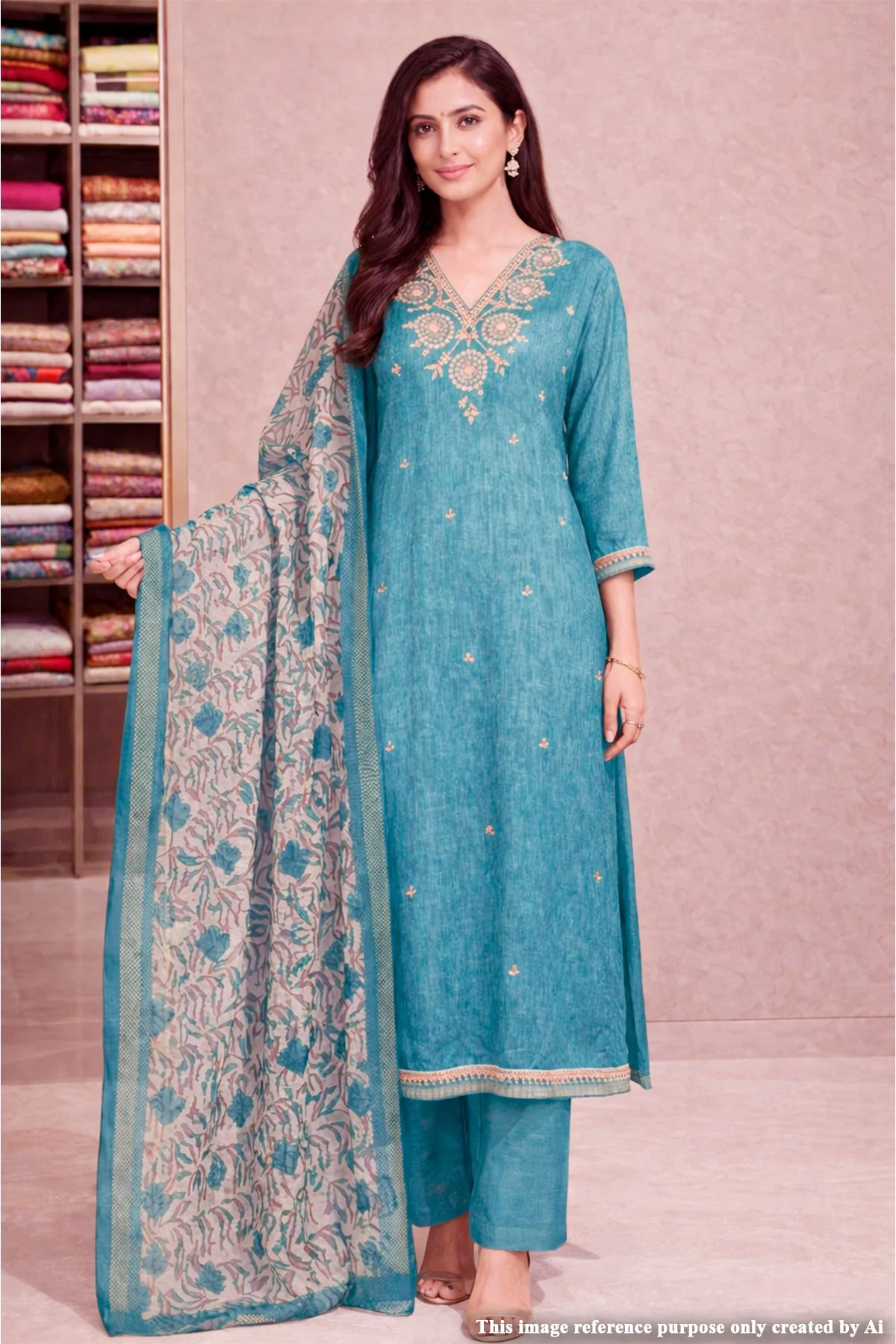 Firozi Chanderi Unstitched Suit with Elegant Embroidery