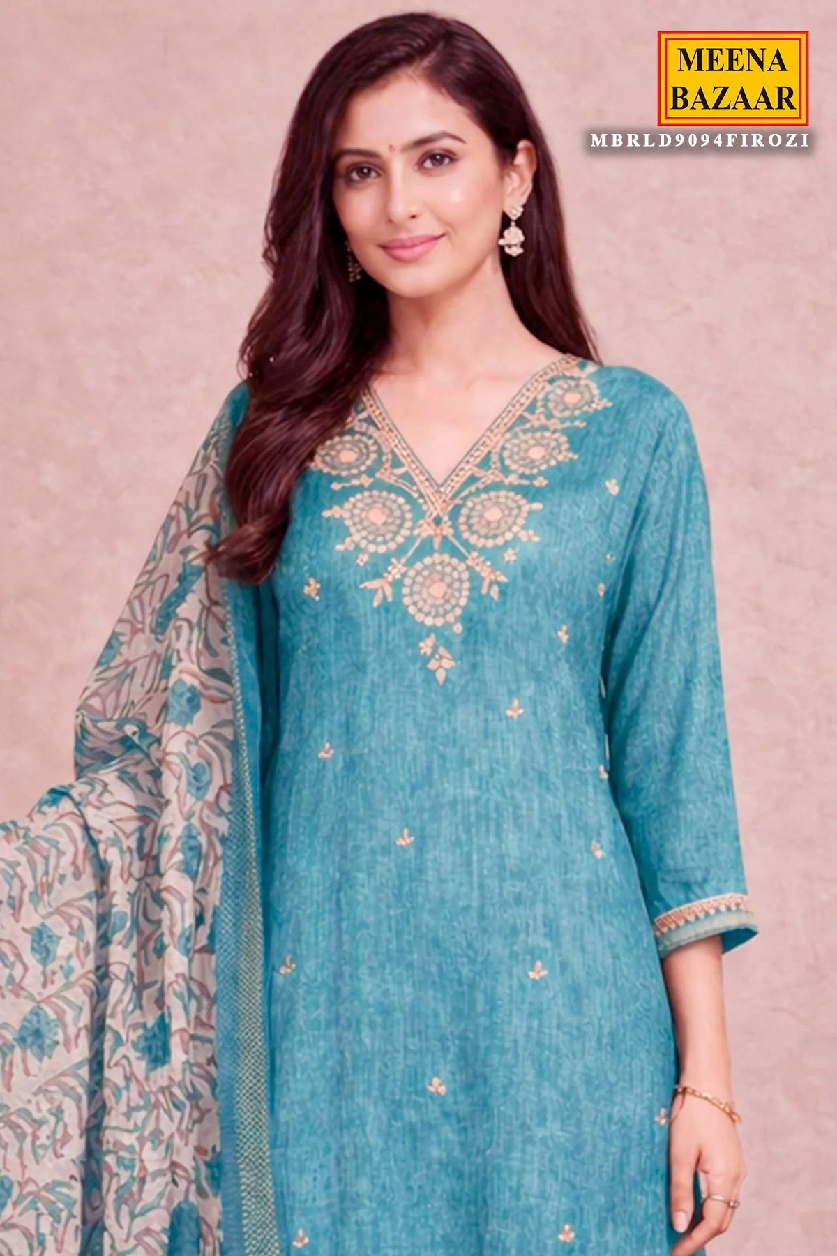 Firozi Chanderi Unstitched Suit with Elegant Embroidery - Image 2