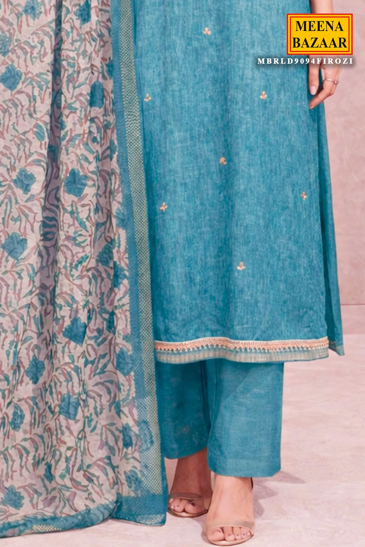Firozi Chanderi Unstitched Suit with Elegant Embroidery - Image 3