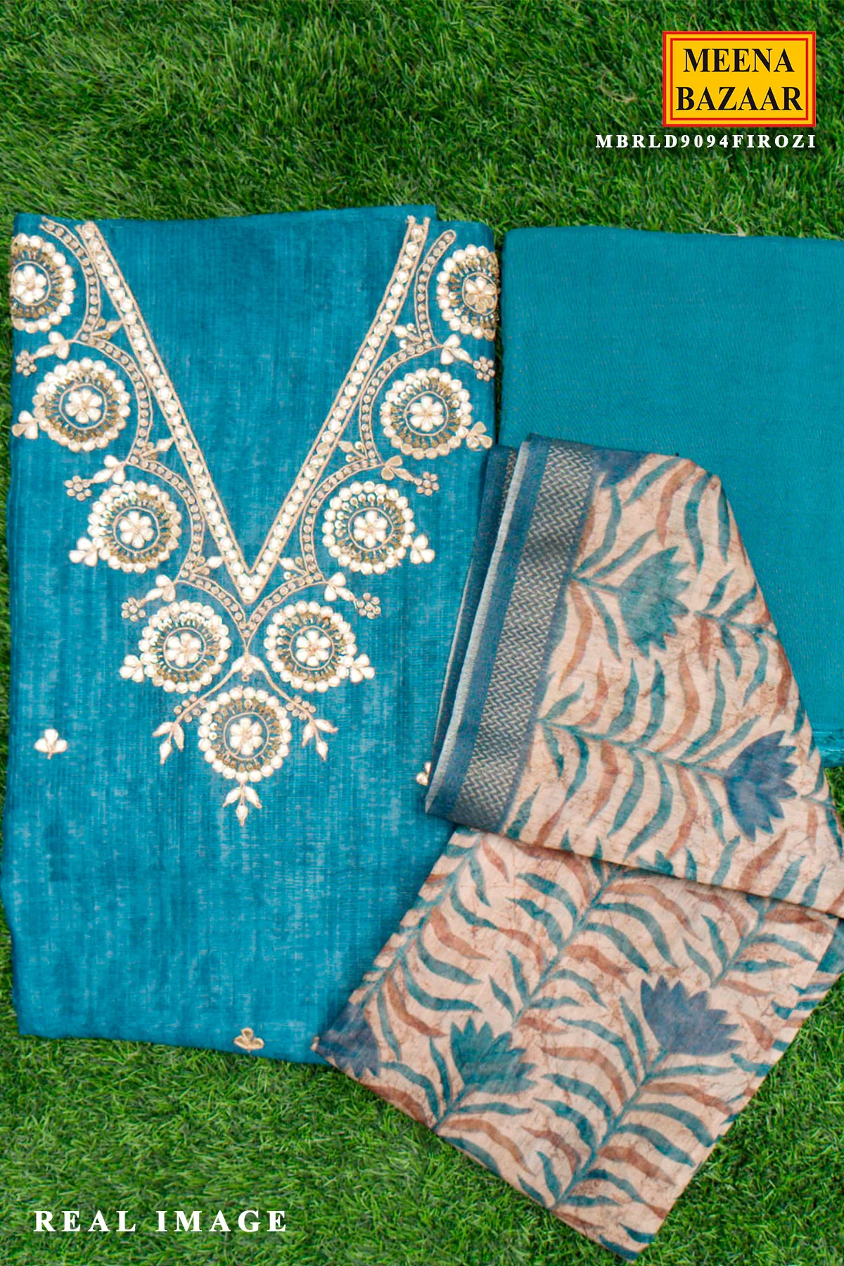 Firozi Chanderi Unstitched Suit with Elegant Embroidery - Image 4