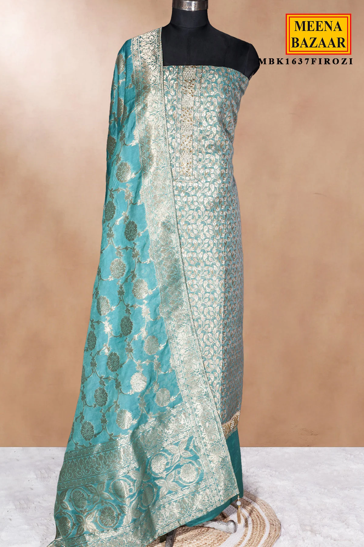 Firozi Chanderi Unstitched Suit with Neck Embroidery - Image 3