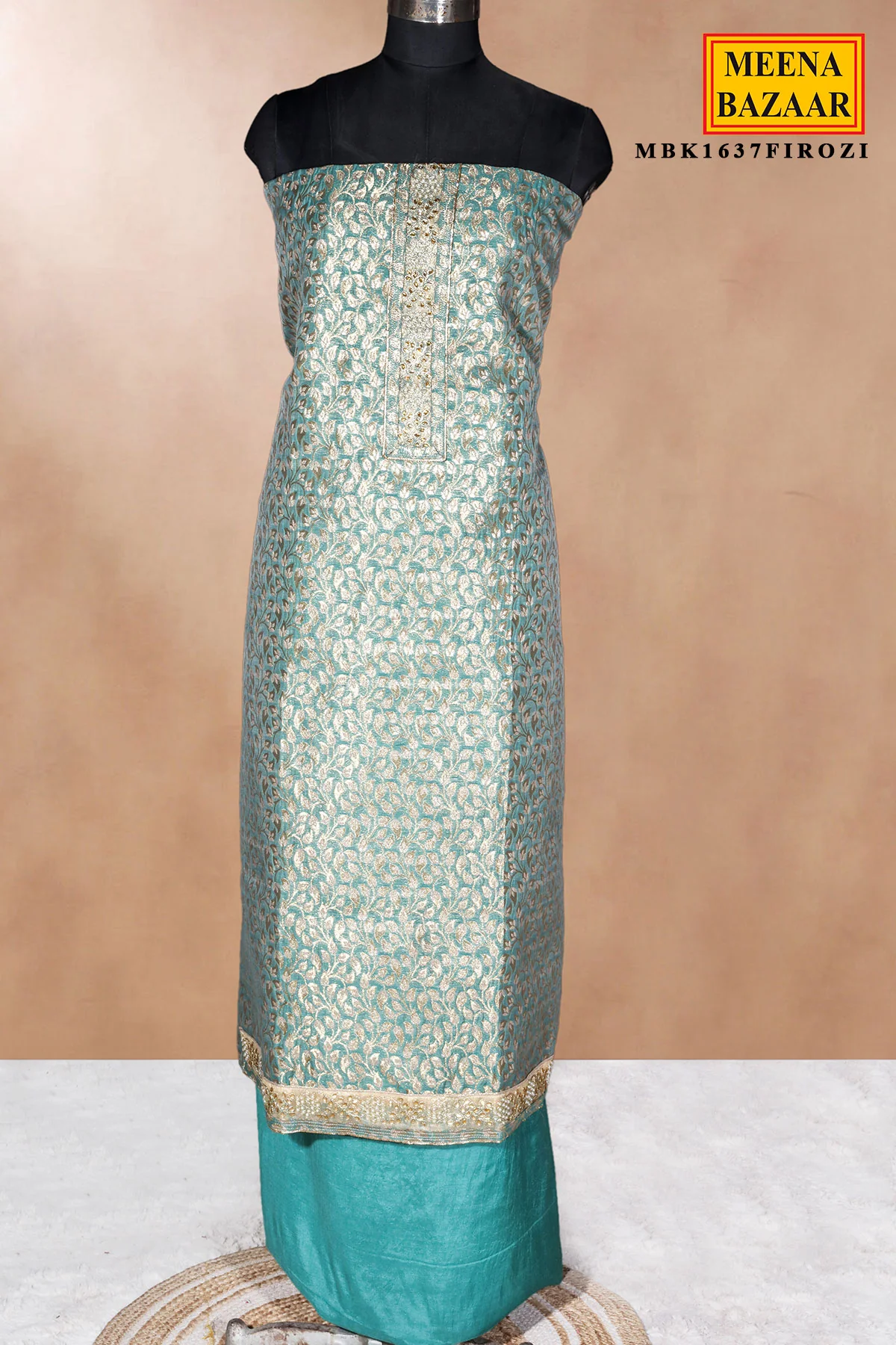 Firozi Chanderi Unstitched Suit with Neck Embroidery - Image 4