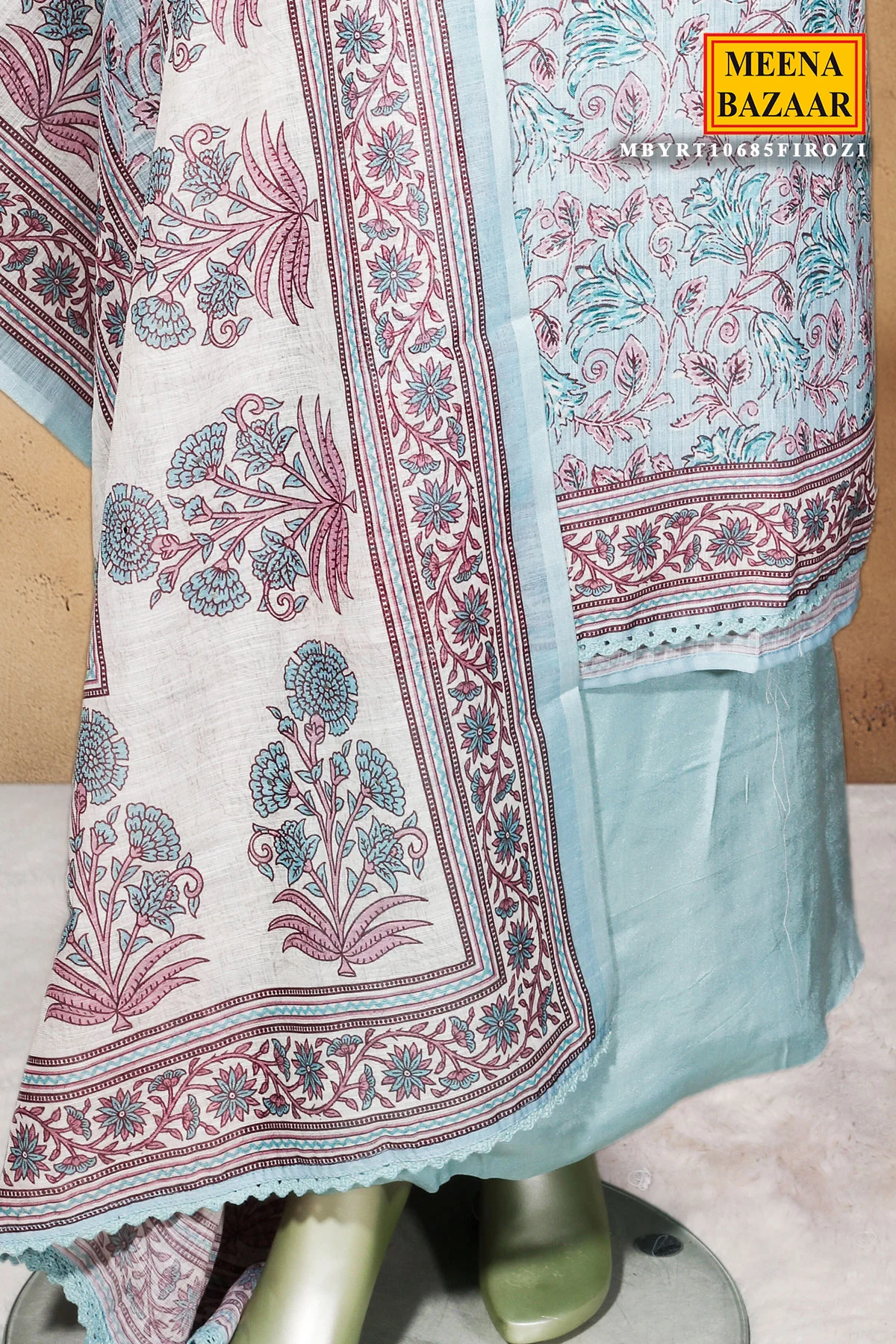 Firozi Cotton Embroidered Unstitched Suit | Elegant Ethnic Wear - Image 4