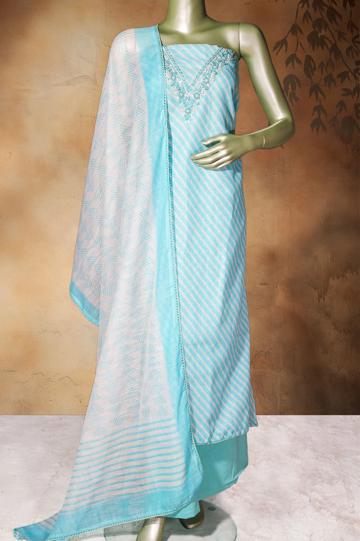Firozi Cotton Unstitched Suit with Elegant Embroidery - Image 6