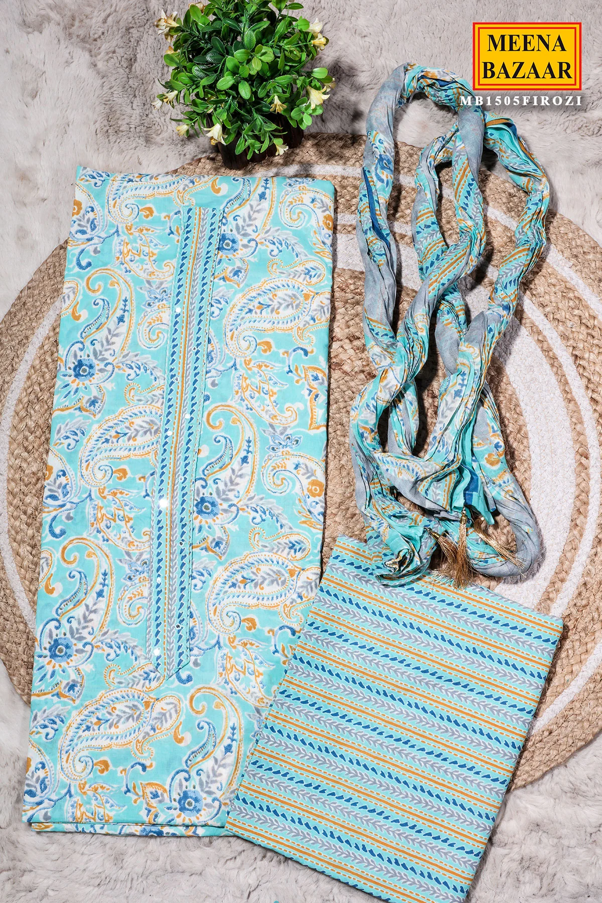 Firozi Cotton Unstitched Suit with Elegant Embroidery - Image 2