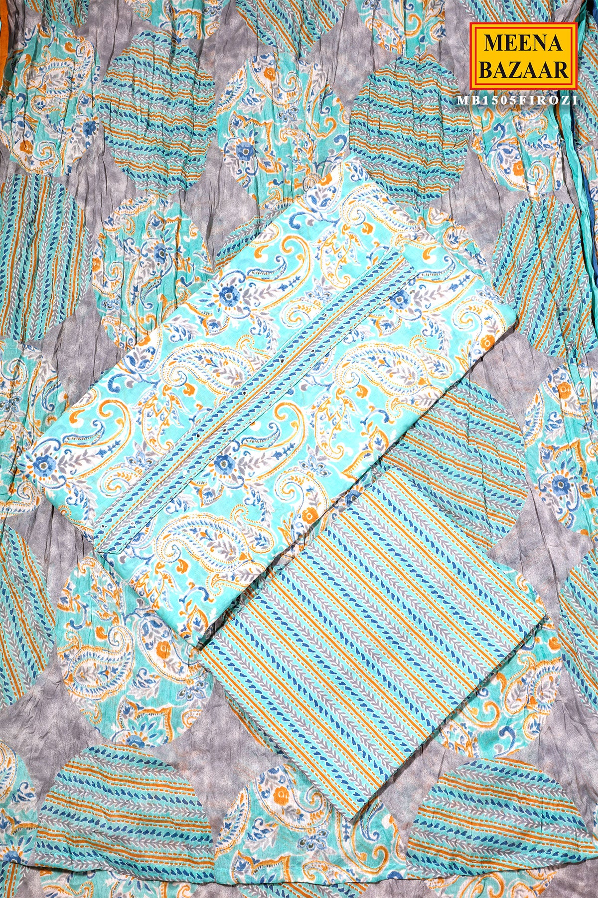 Firozi Cotton Unstitched Suit with Elegant Embroidery - Image 3