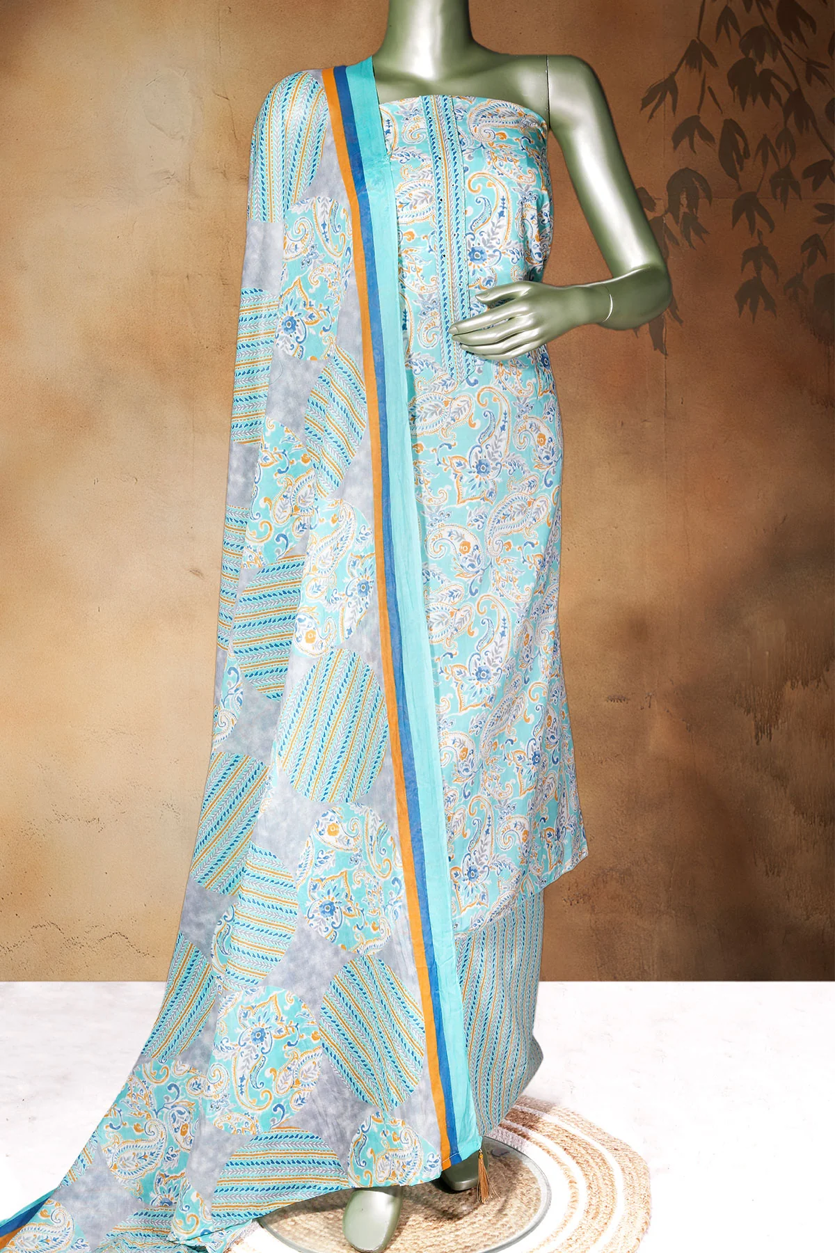 Firozi Cotton Unstitched Suit with Elegant Embroidery - Image 4