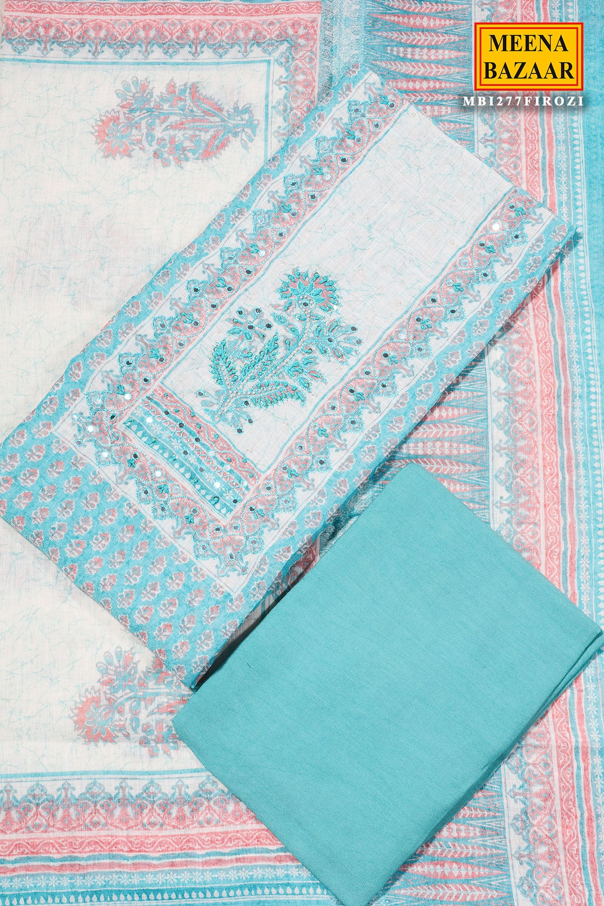 Firozi Cotton Unstitched Suit with Embroidery - Image 4