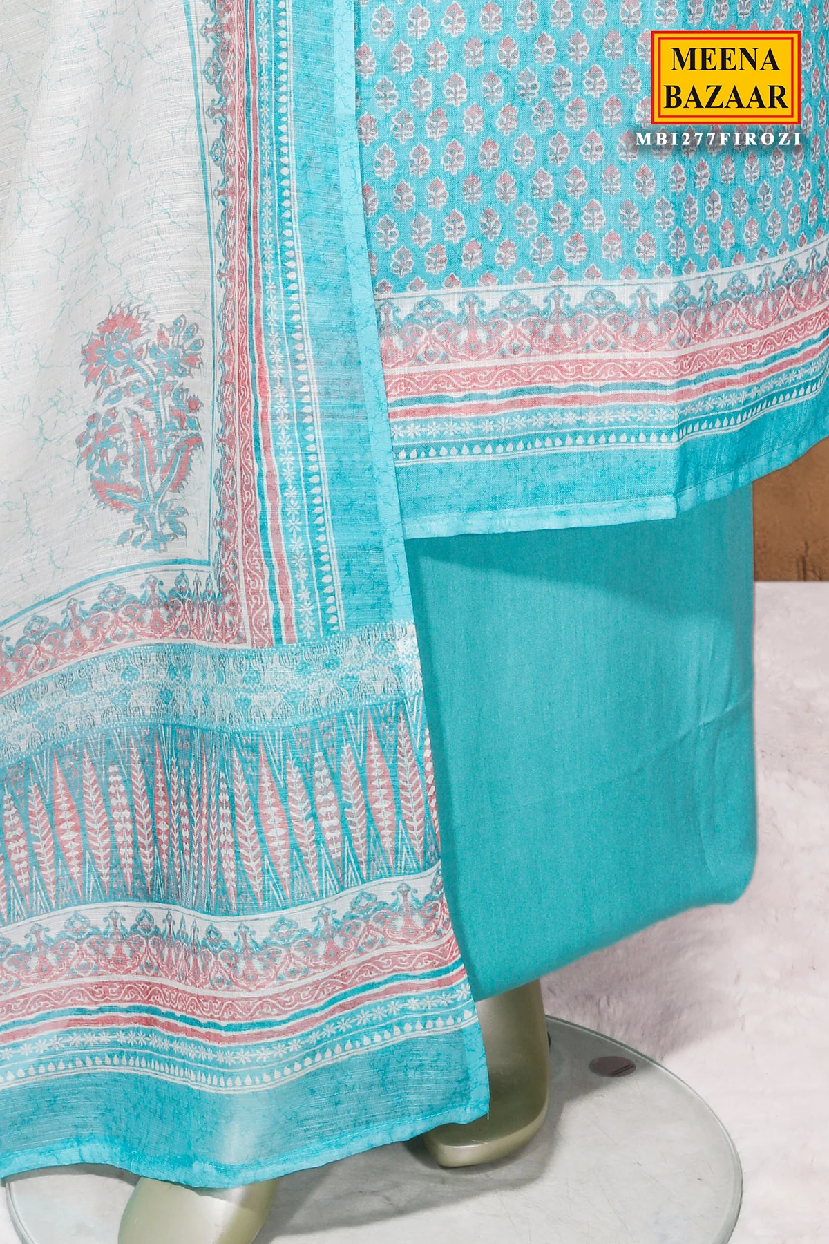 Firozi Cotton Unstitched Suit with Embroidery - Image 7