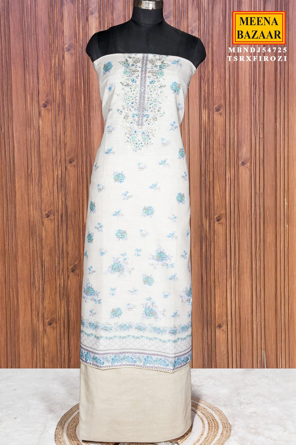 Firozi Cotton Unstitched Suit with Neck Embroidery - Image 2