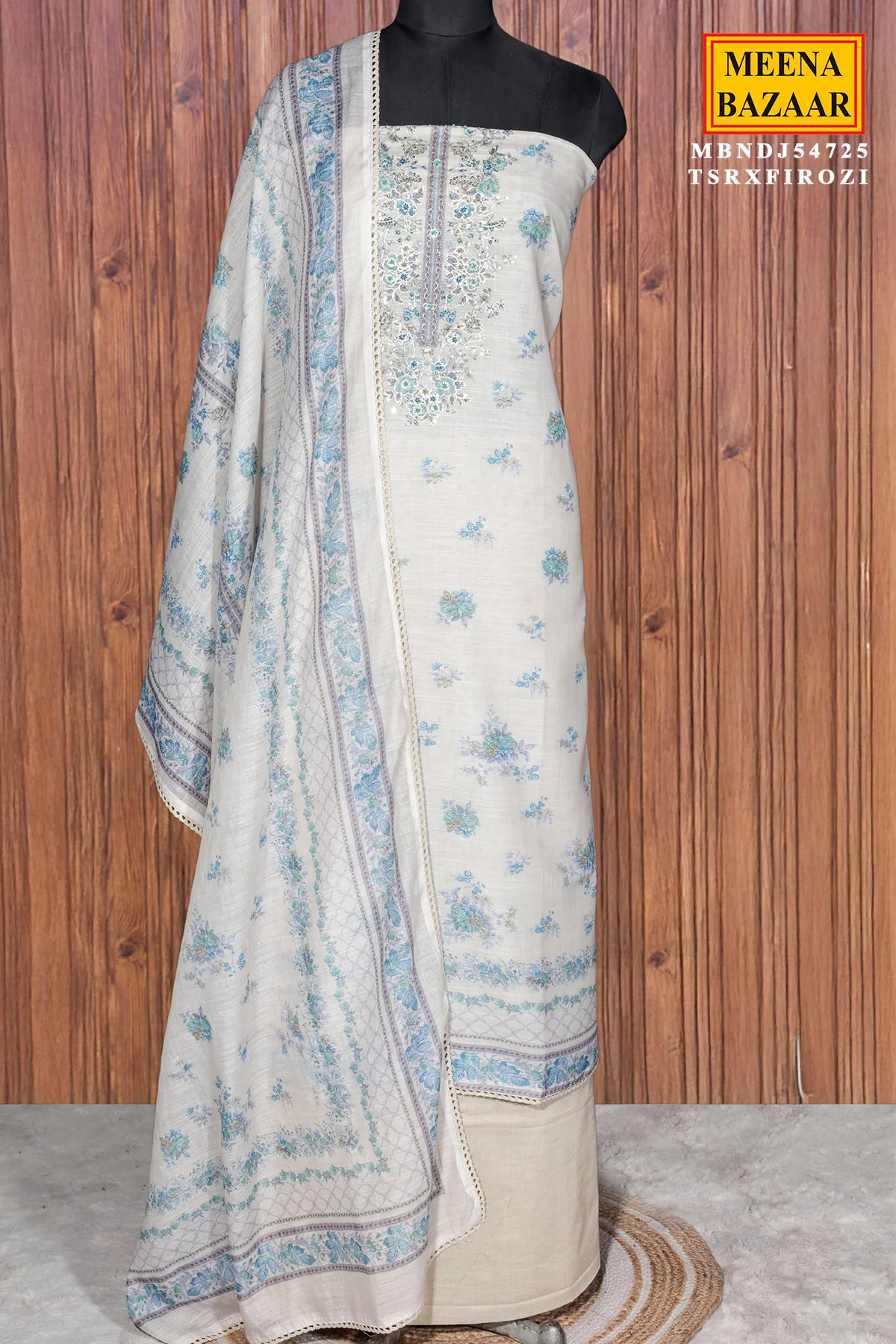 Firozi Cotton Unstitched Suit with Neck Embroidery - Image 3