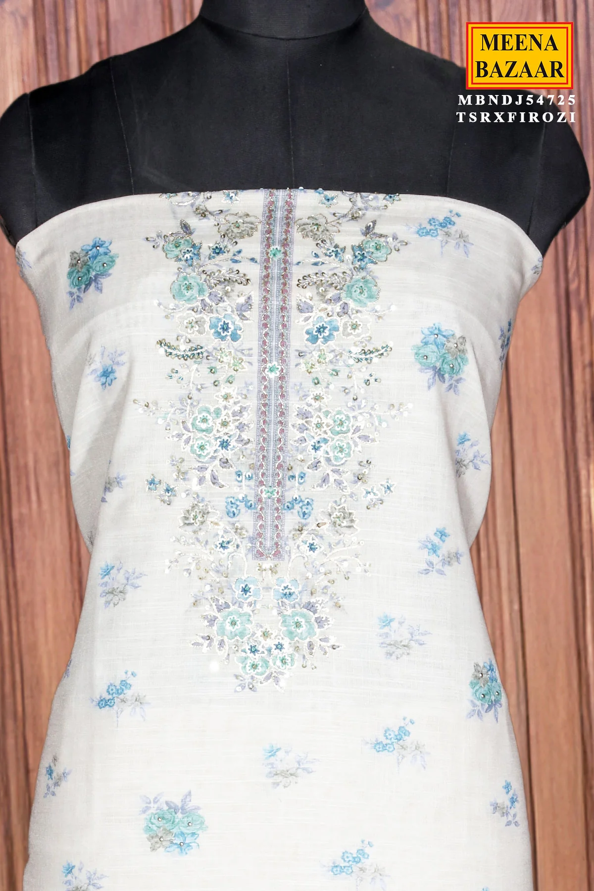 Firozi Cotton Unstitched Suit with Neck Embroidery - Image 4