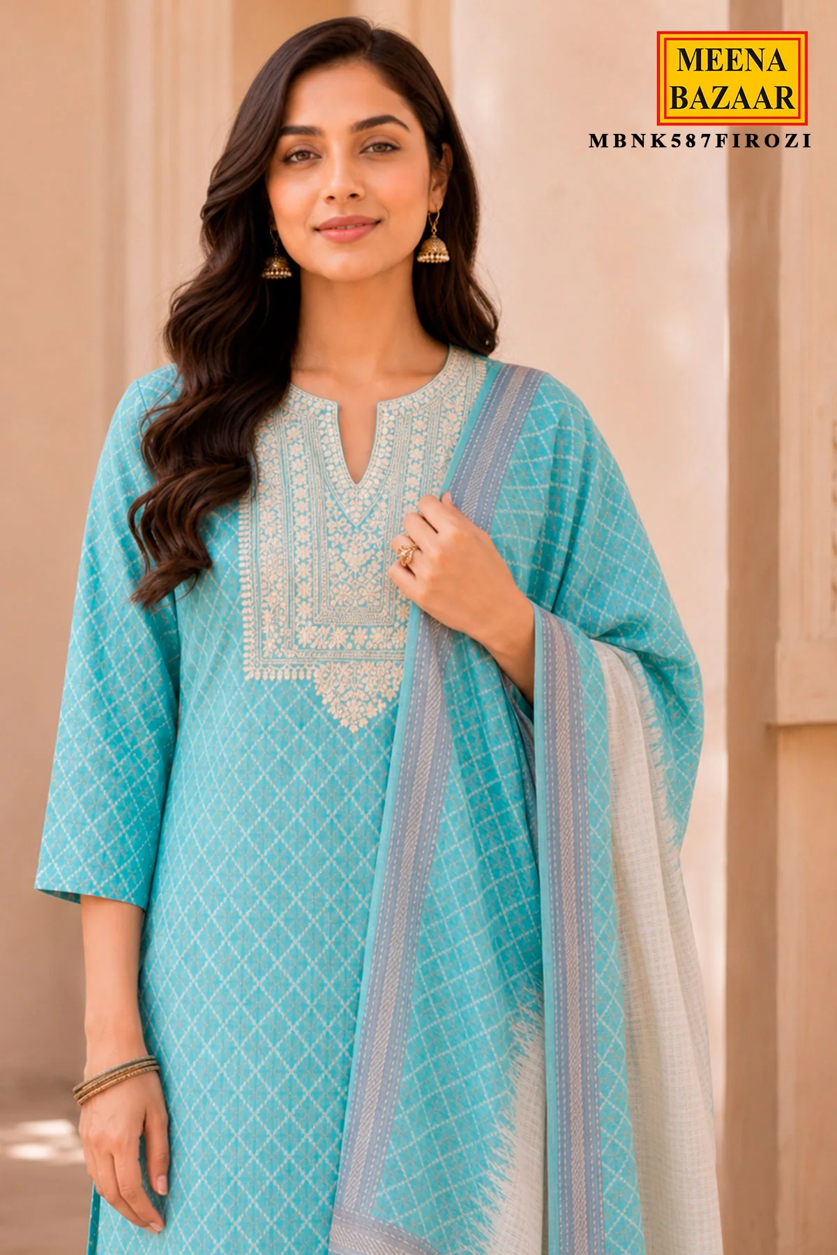 Firozi Embroidered Suit Set with Dupatta - Image 2