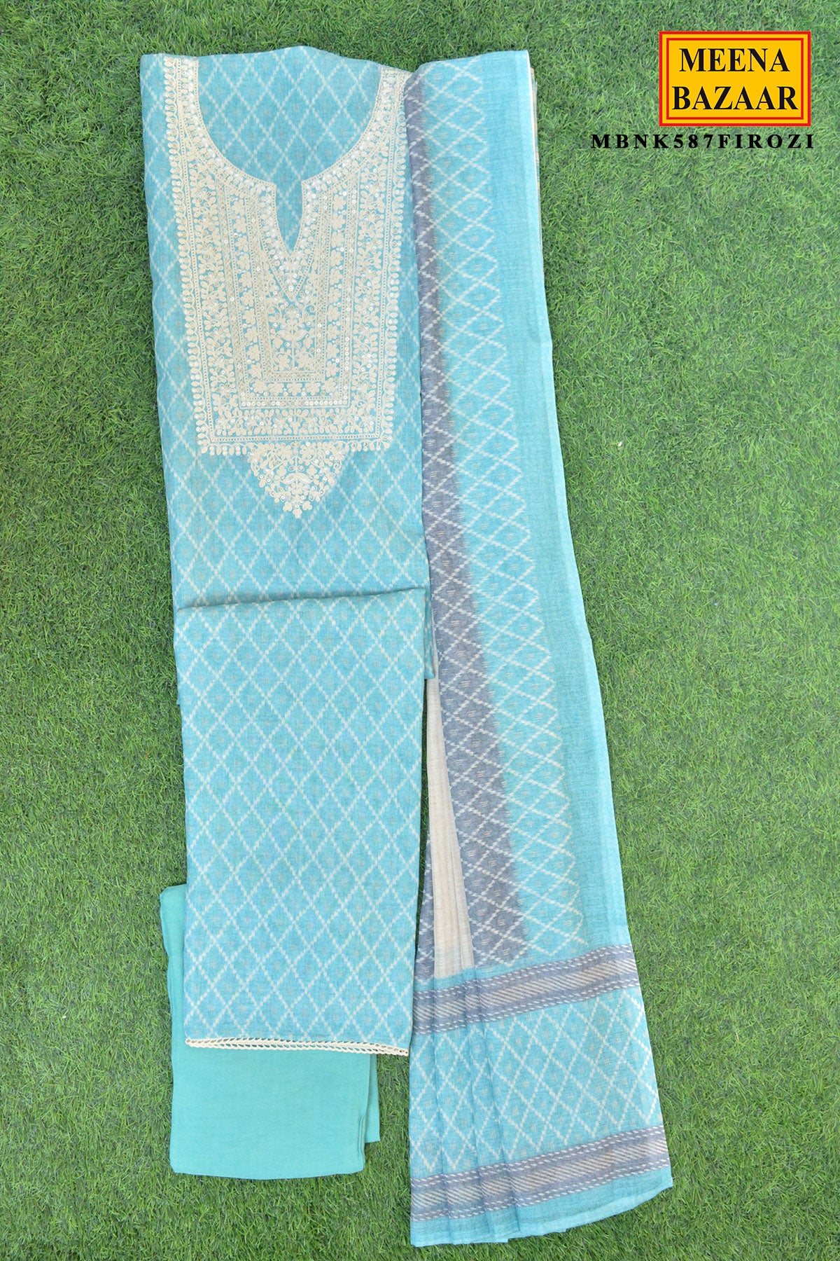 Firozi Embroidered Suit Set with Dupatta - Image 3