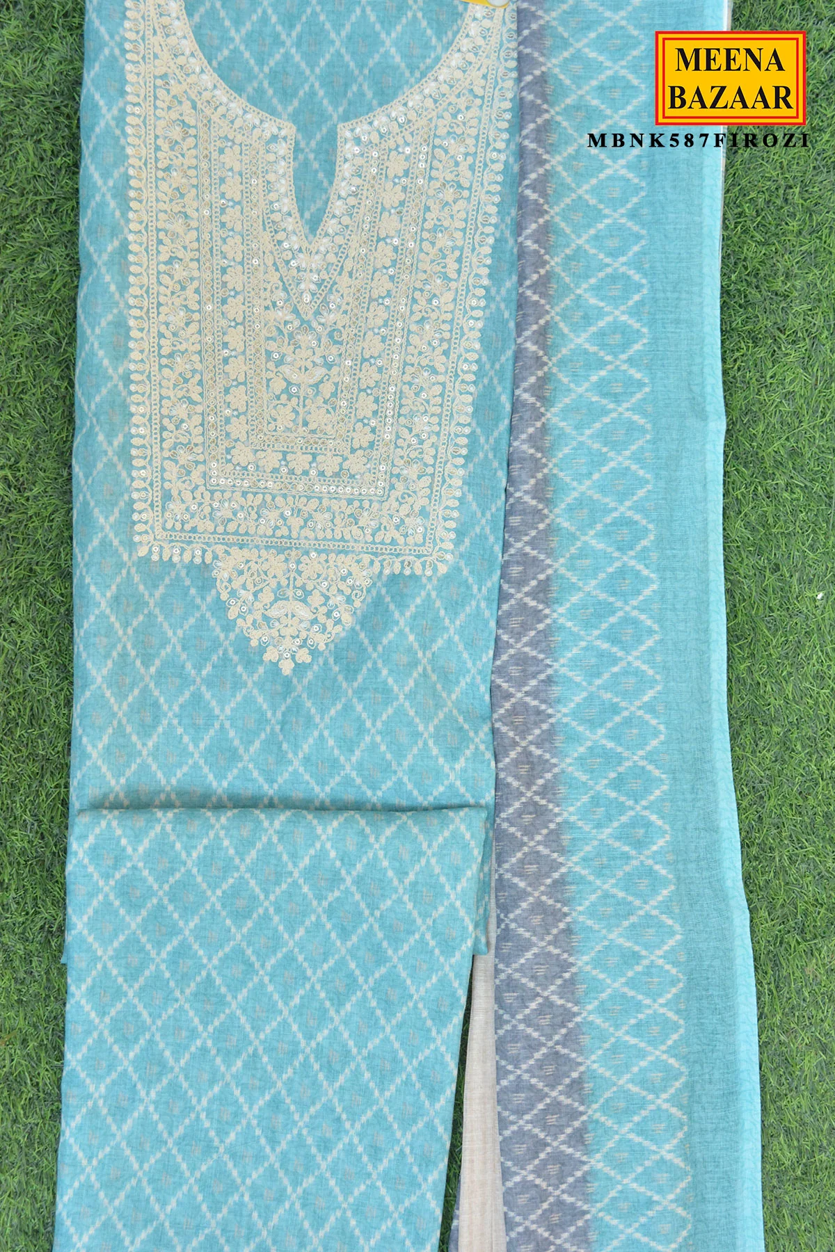 Firozi Embroidered Suit Set with Dupatta - Image 4