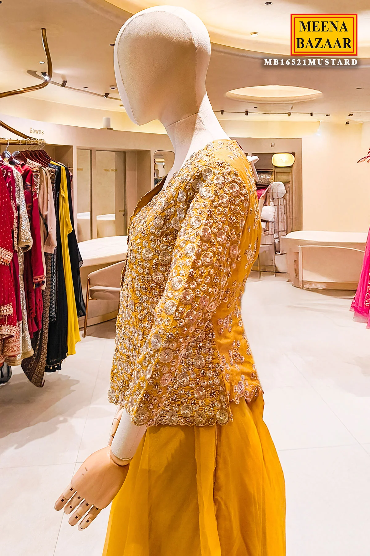 Mustard Neck Embroidered Silk Readymade Suit Party & Festive Wear - Image 3