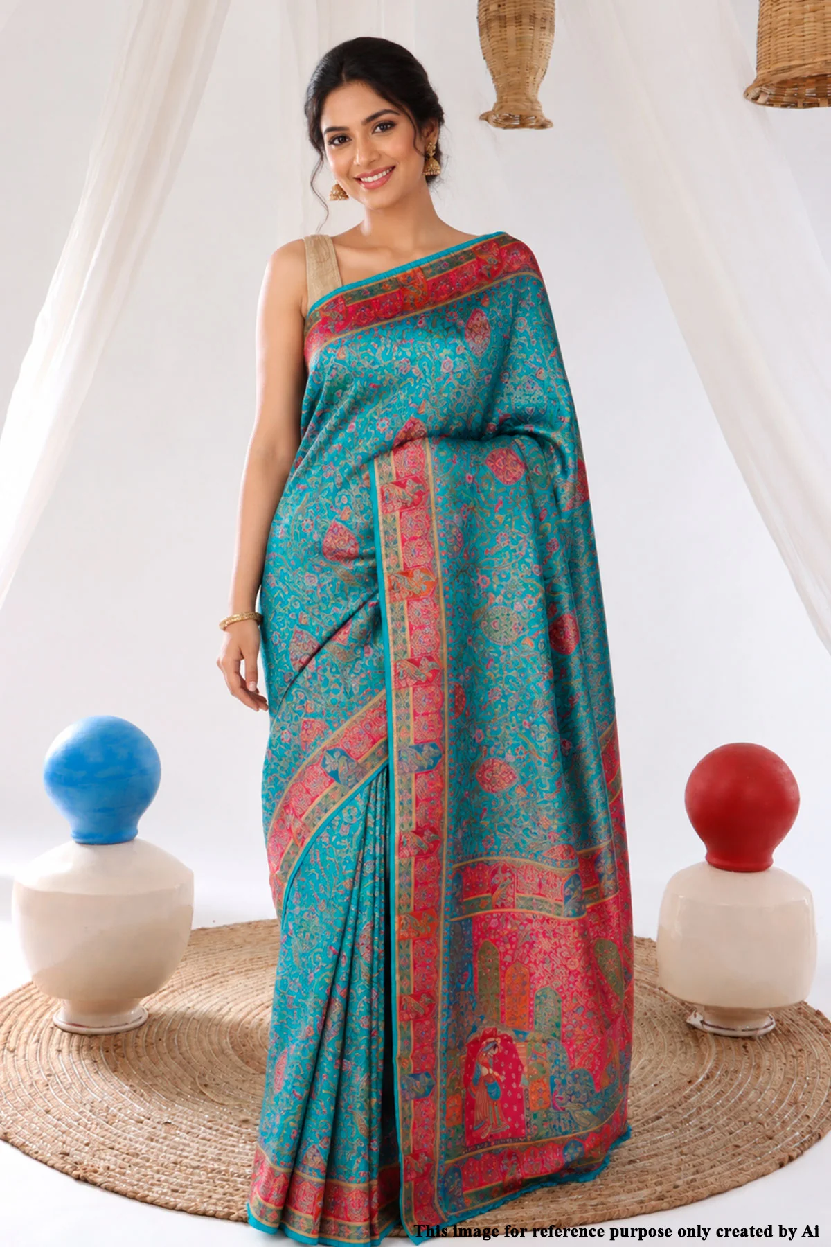 Firozi Silk Blend Zari Woven Saree - Image 2