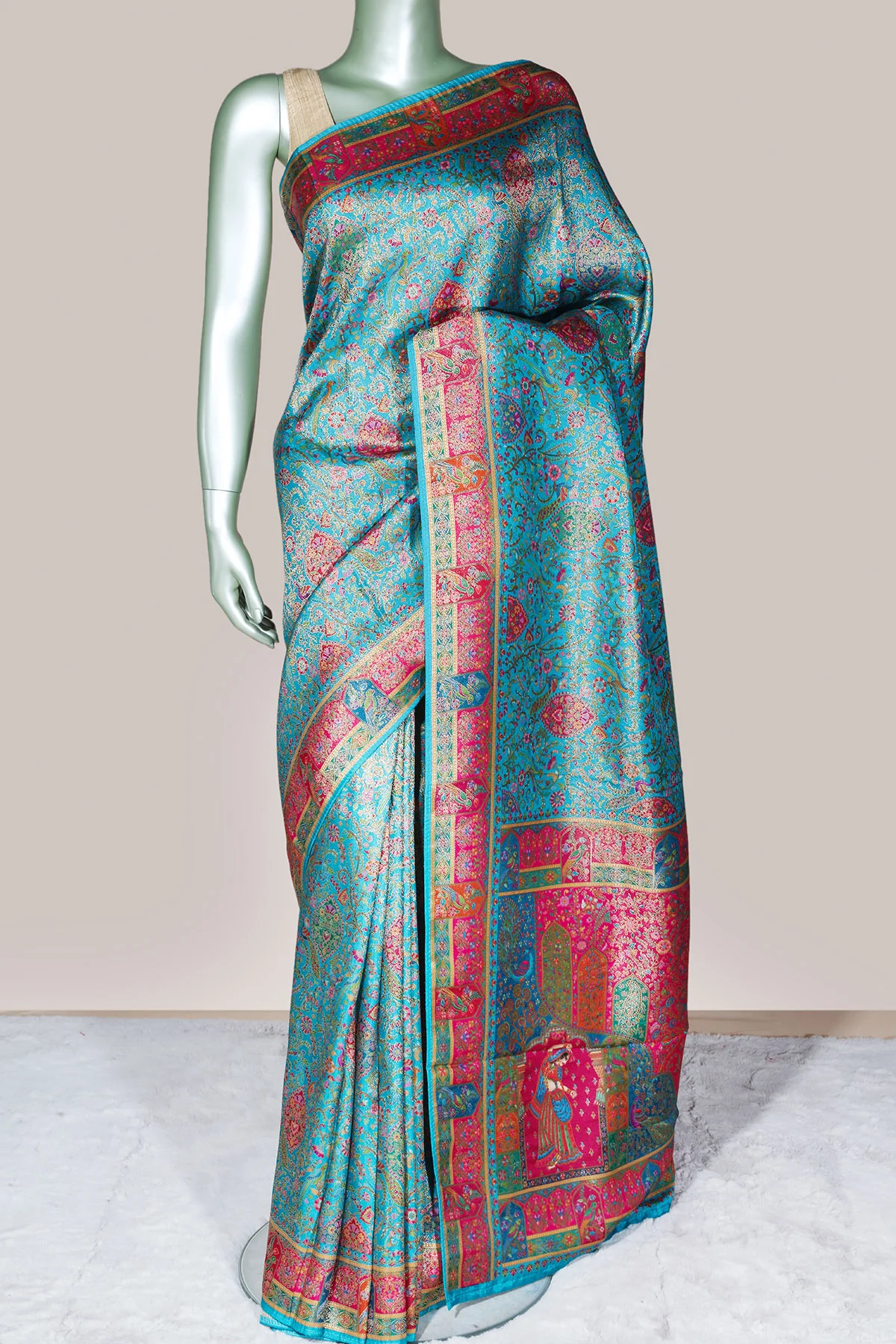 Firozi Silk Blend Zari Woven Saree - Image 4