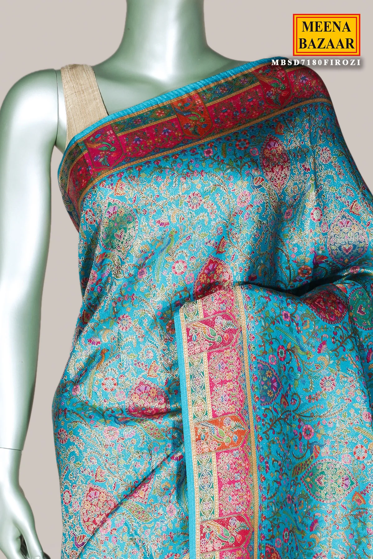 Firozi Silk Blend Zari Woven Saree - Image 5