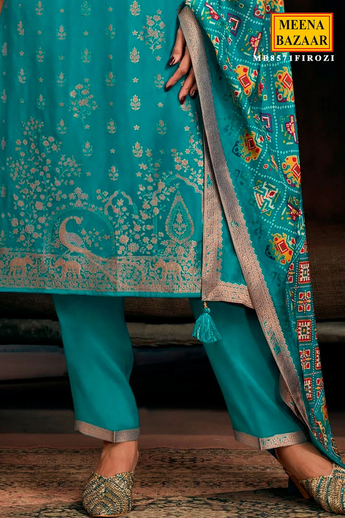 Firozi Silk Neck Embroidered Ready Made Suit - Image 3