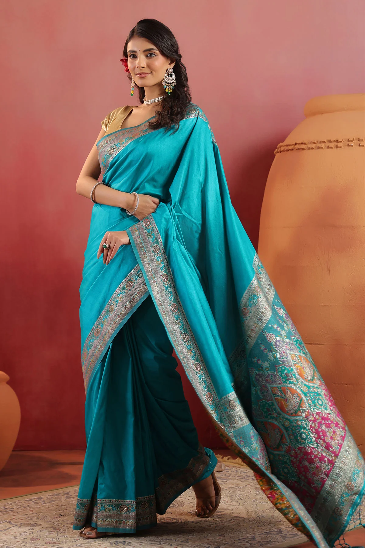 Firozi Silk Saree with Rich Zari Border and Pallu